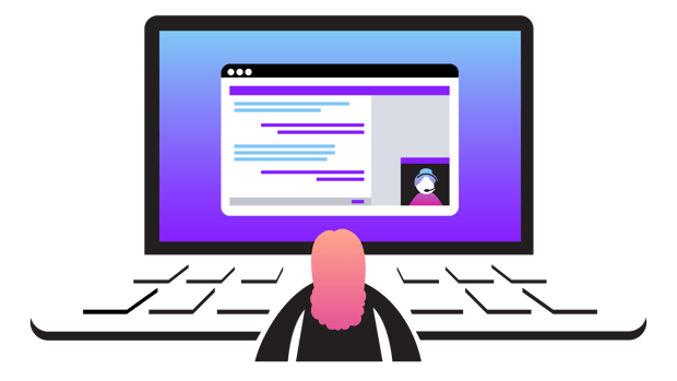 Cloud Call Center Software Illustration of a person interacting with a sales/service agent via chat in a laptop browser.
